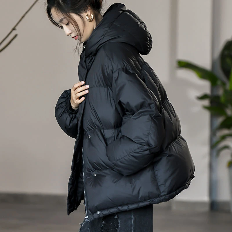 2023复古文艺90白鸭绒面包服连帽羽绒服女短款加厚宽松外套