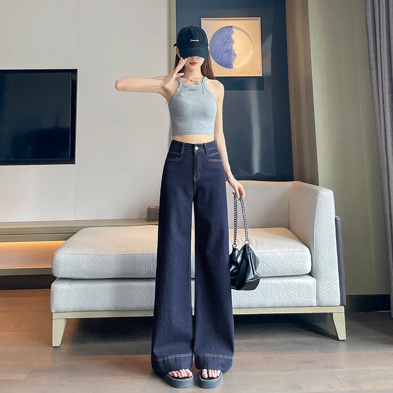 阔腿牛仔裤女冬季新款梨型身材大码宽松遮肉微喇裤显瘦高腰长裤子