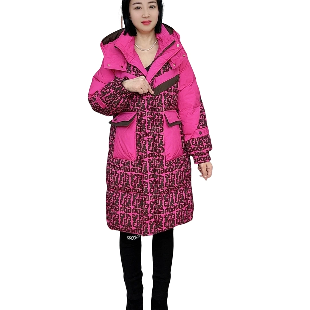 【洋玉服饰】欧韩潮牌女冬季加厚90白鸭绒长款宽松撞色拼接羽绒服