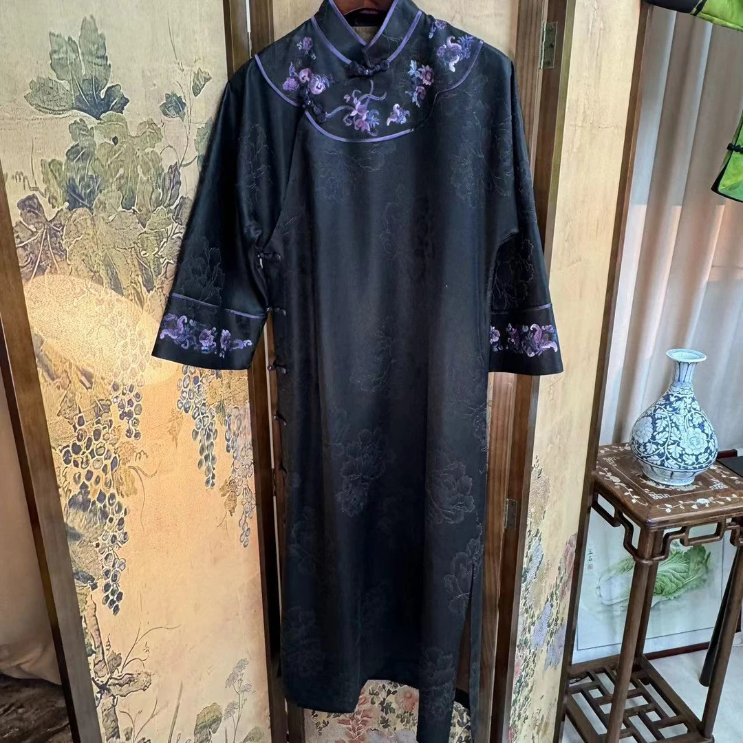 【如意家香云纱】网红新中式女士黑色复古双层提花斜襟 a159