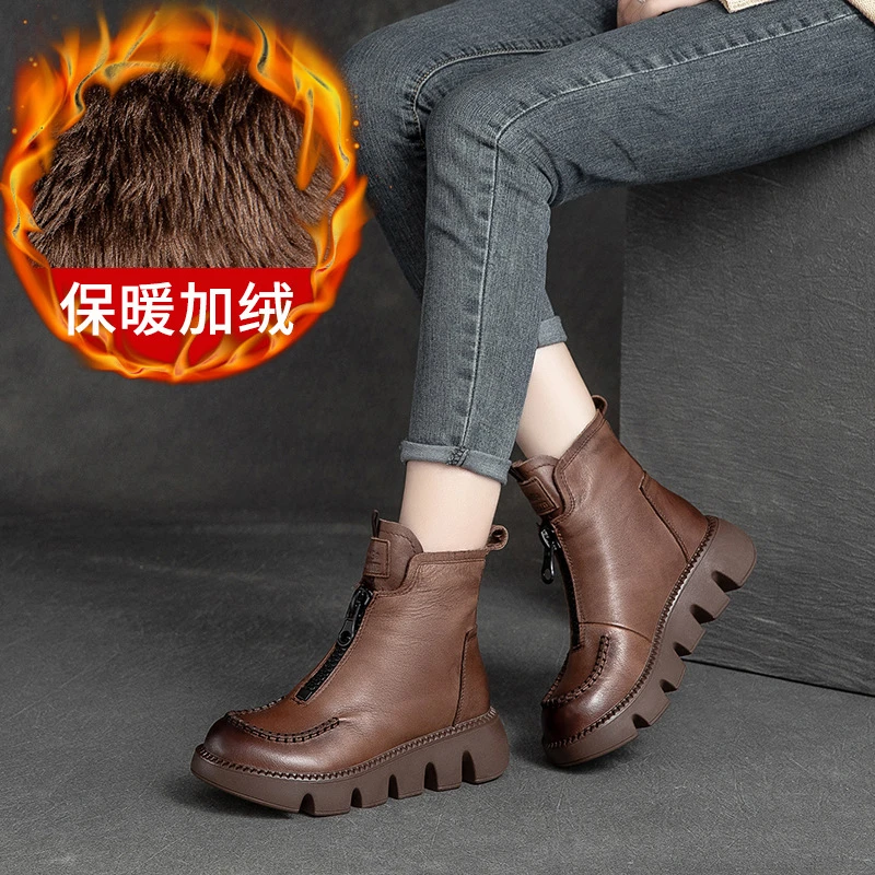 ci新款复古英伦风厚底松糕女鞋加绒保暖软皮马丁靴时尚短靴