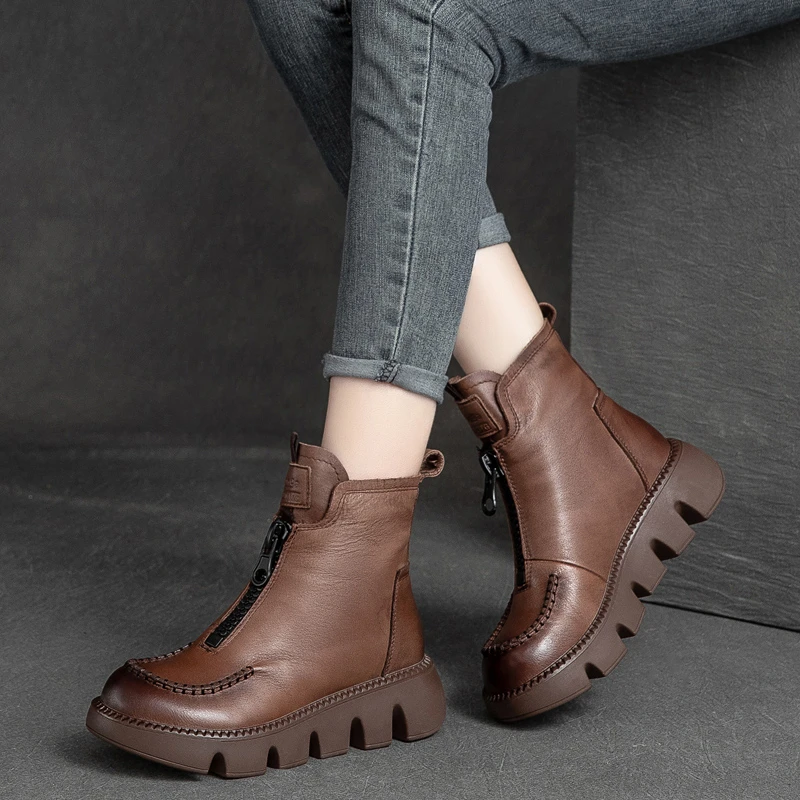 【H】秋冬新款复古英伦风厚底松糕女鞋加绒保暖软皮马丁靴时尚短靴