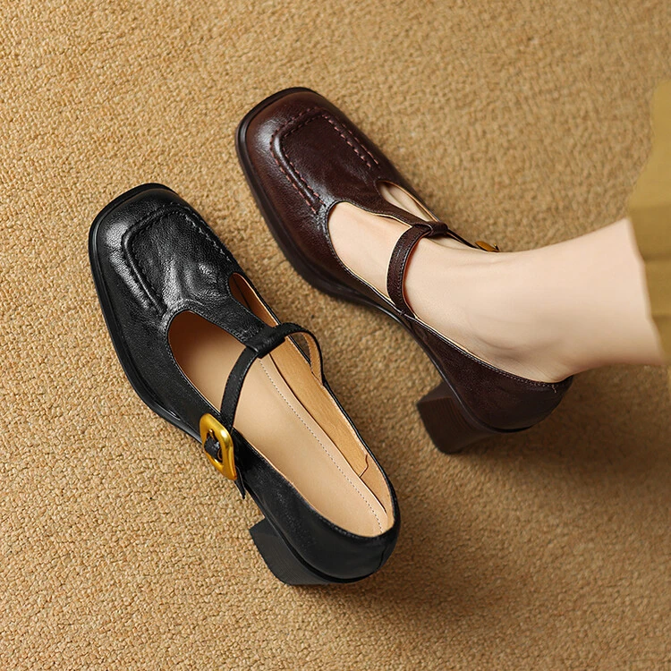 【红袖蔻】2024秋季新款羊皮浅口7901时尚单鞋女玛丽珍方头高跟鞋