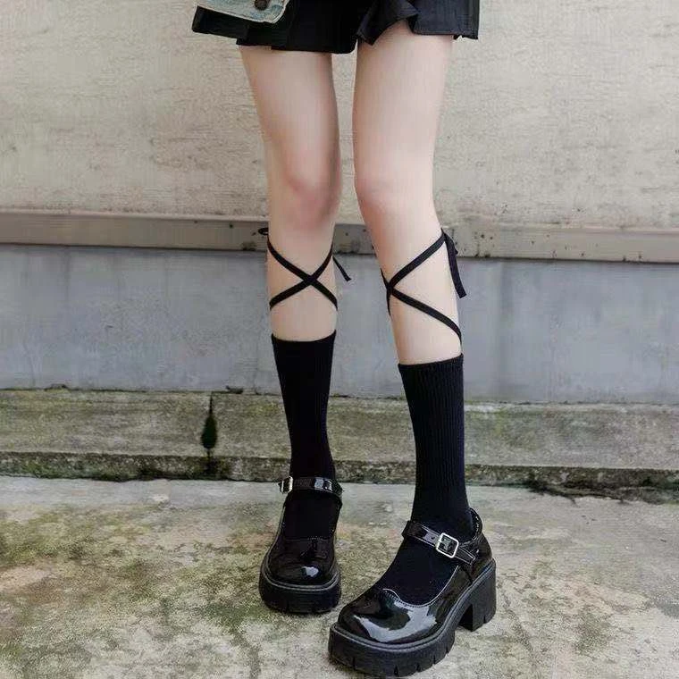绑带袜子女夏季中筒袜潮酷交叉网红款长筒袜日系jk洛丽塔百搭长袜