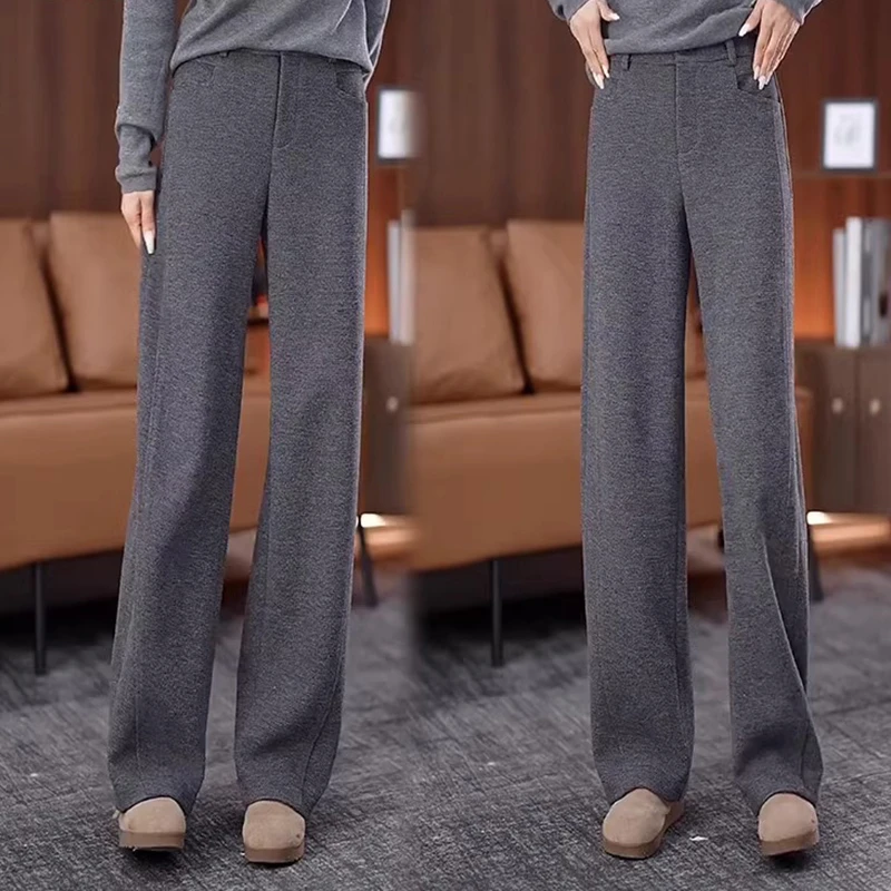 软糯醋酸羊毛直筒弯刀裤女2025秋冬加厚新款高腰羊毛呢窄版阔腿裤