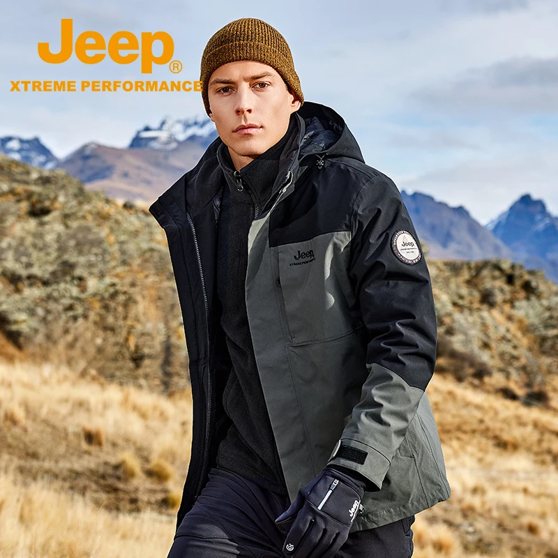 Jeep拼色硬壳冲锋衣男女同款抓绒三合一外套防风防水户外登山服秋