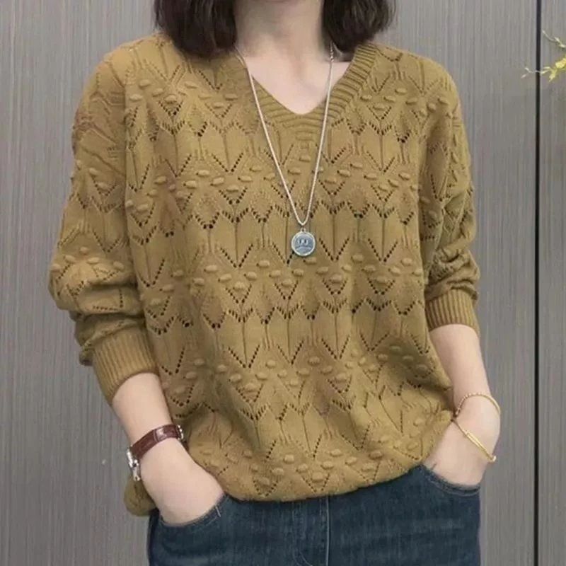 春秋新款打底衫女纯色2024百搭宽松针织衫v领提花毛衣女时尚保暖