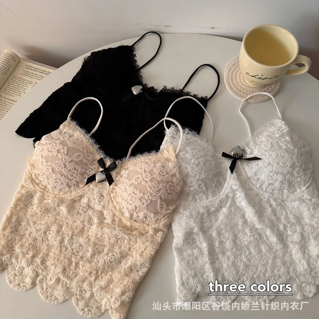 纯欲别致甜辣妹低领蕾丝吊带背心女内搭外穿设计感小众短款上衣潮