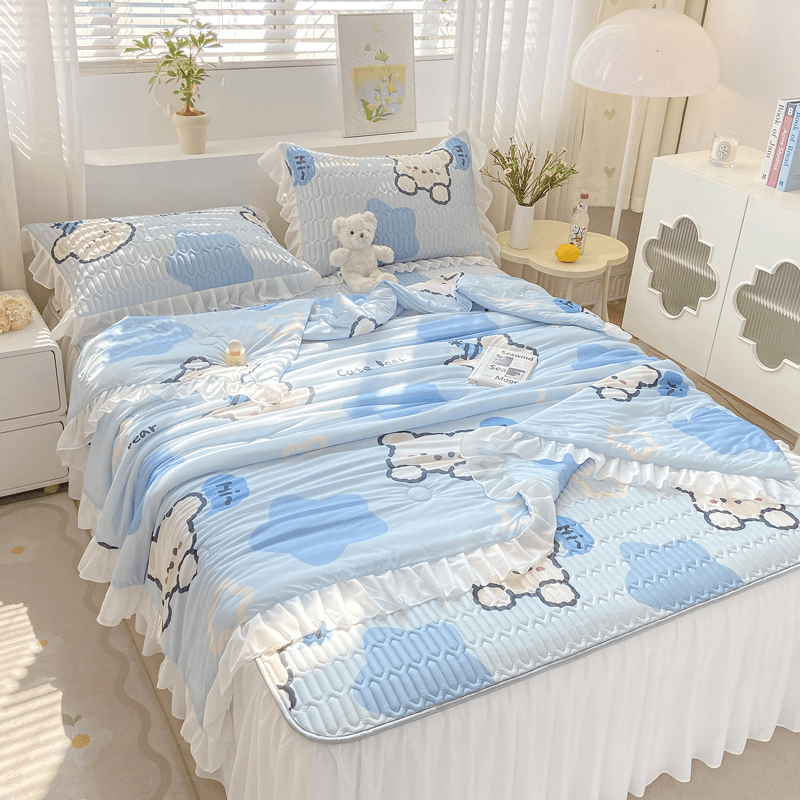 卡通公主风夏凉被四件套夏季冰丝空调被床裙软席子乳胶凉席三件套