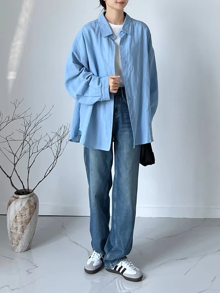 大码复古长袖衬衫外套女2024夏薄款叠穿衬衣蓝色复古休闲防晒小众