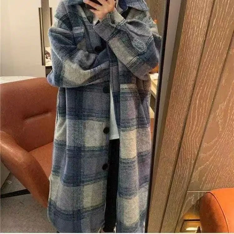 胖MM特大码中长款加厚蓝色外套秋冬宽松大衣格子洋气女装双面毛呢