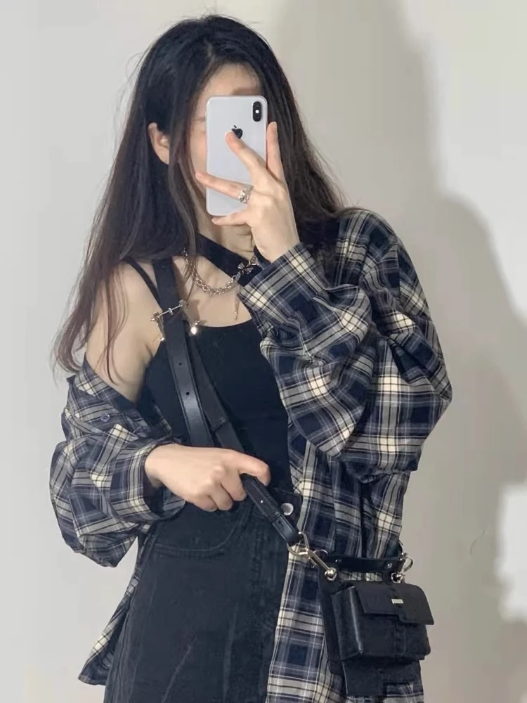大码格子外套宽松美式春秋格子洋气女生韩系ins衣服女款衬衫