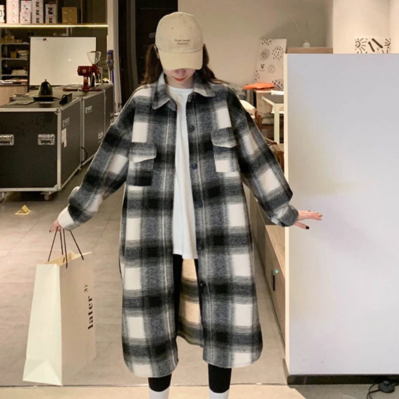 秋冬新款英伦风格纹宽松大衣长款纯欲慵懒风女装秋冬大码女装外套