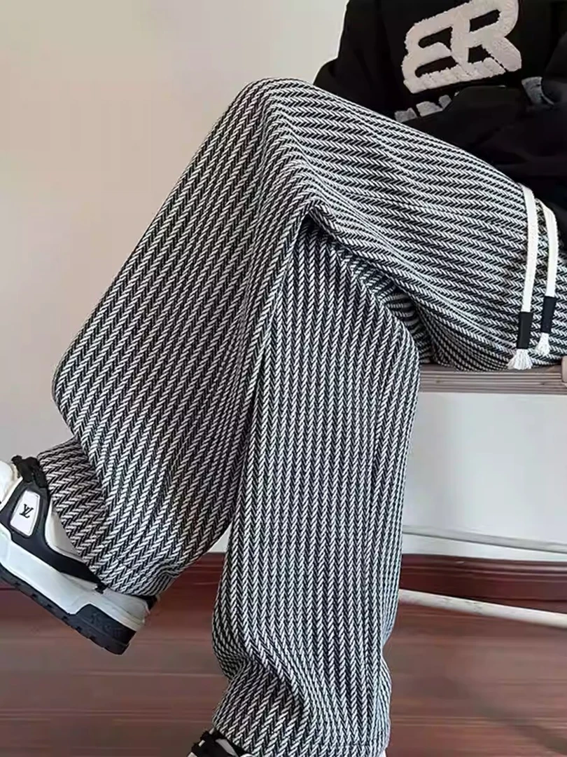 大码裤子黑白复古条纹裤子爆款新款酷飒风女装多巴胺服装女阔腿裤