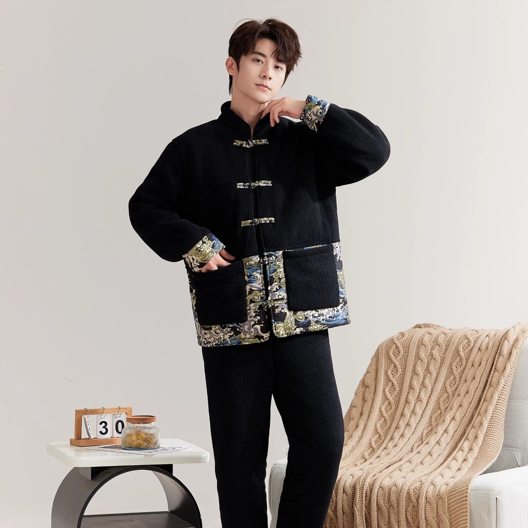 男士高端定制系列家居服新款男士睡衣三层加绒加厚冬季套装可外穿