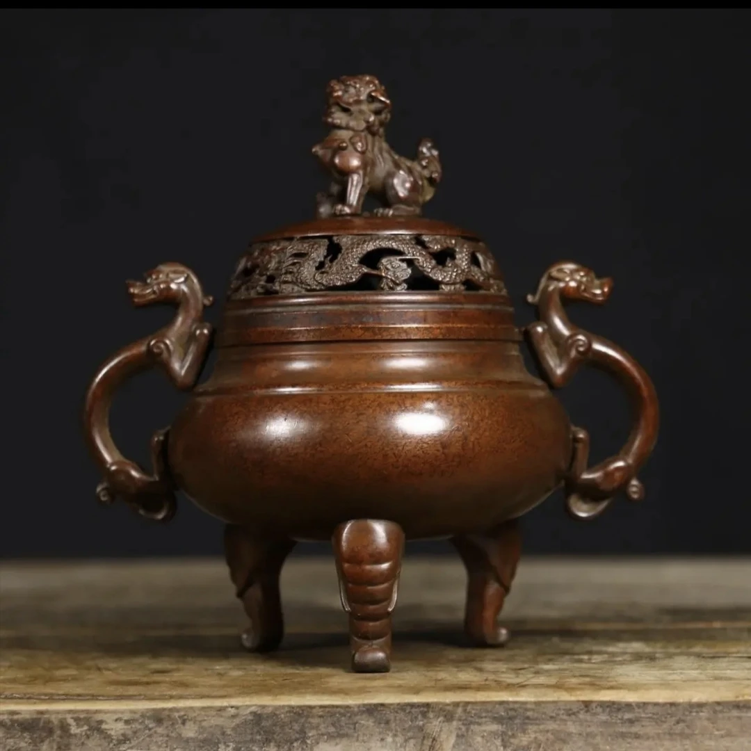 纯铜珍品螭龙耳狮盖三足炉文案摆件香炉色泽包浆创意醇厚古意盎然