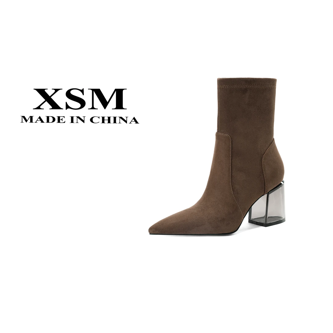 2024秋冬女鞋短靴中筒新款高跟瘦瘦靴粗跟弹力靴T9136（棕色）AY