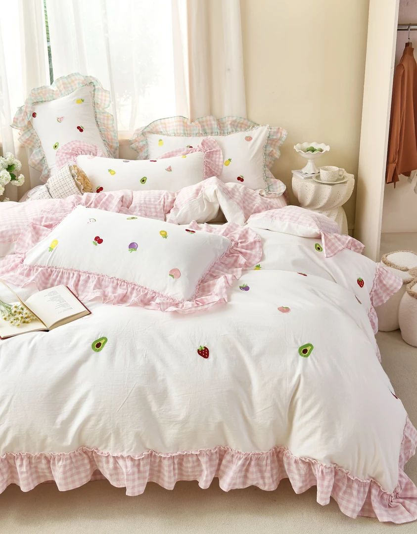 水果派 全棉水洗棉透气干爽小清新格子刺绣四件套公主奶油风暖色