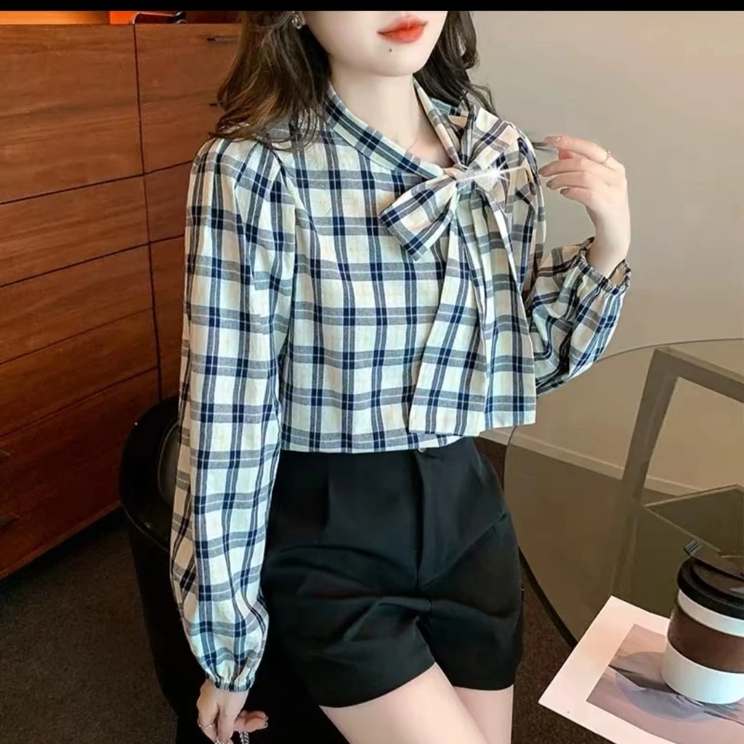 7复古日系蝴蝶结格子衬衫女秋装新款宽松百搭长袖衬衣秋季上衣