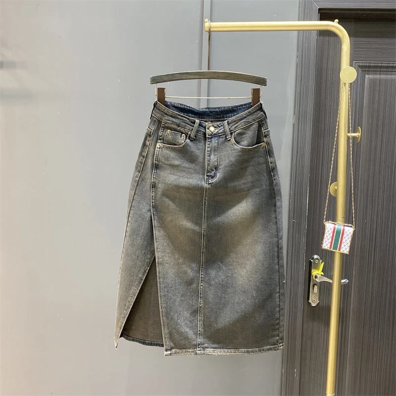 复古显瘦半身裙女2025春秋新款高腰中长款牛仔开叉时尚百搭A字裙