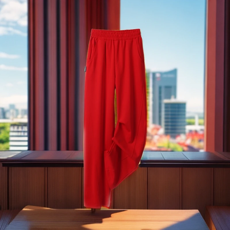 大红色垂感阔腿裤女宽松显瘦秋冬新款香蕉裤直筒休闲纯色运动卫裤