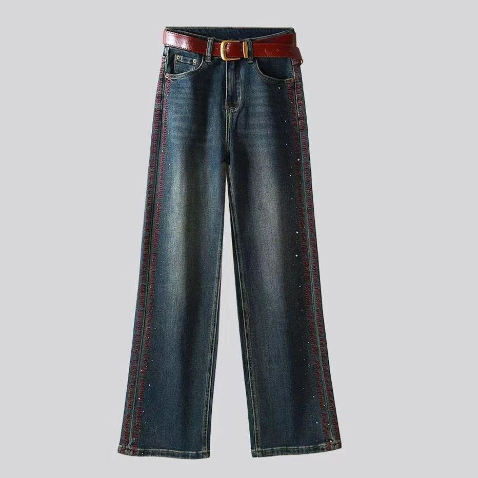 刺绣烫钻阔腿牛仔裤女秋冬新款加绒高腰显瘦直筒宽松垂感拖地裤子