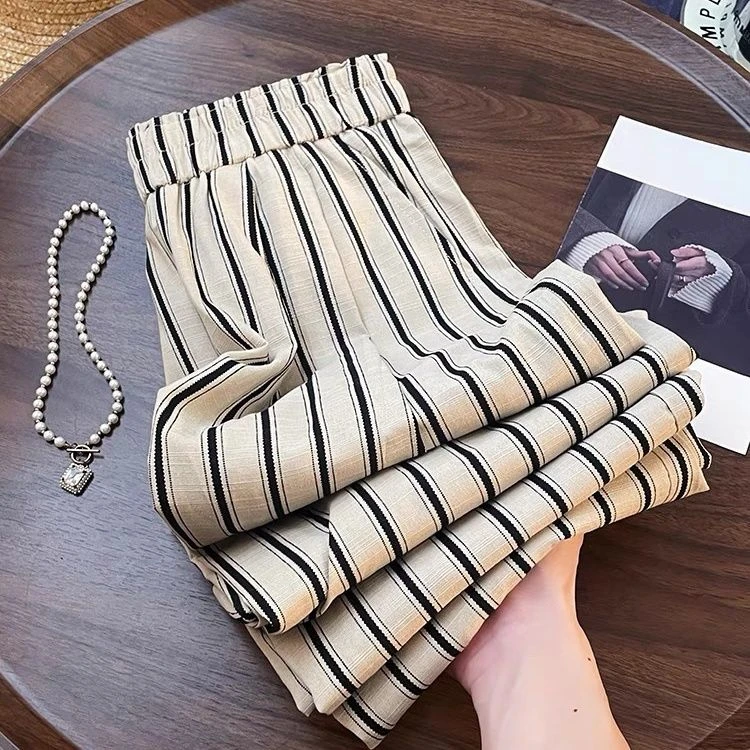 时尚松紧腰条纹阔腿裤2025夏季薄款高腰显瘦宽松气质百搭休闲裤子