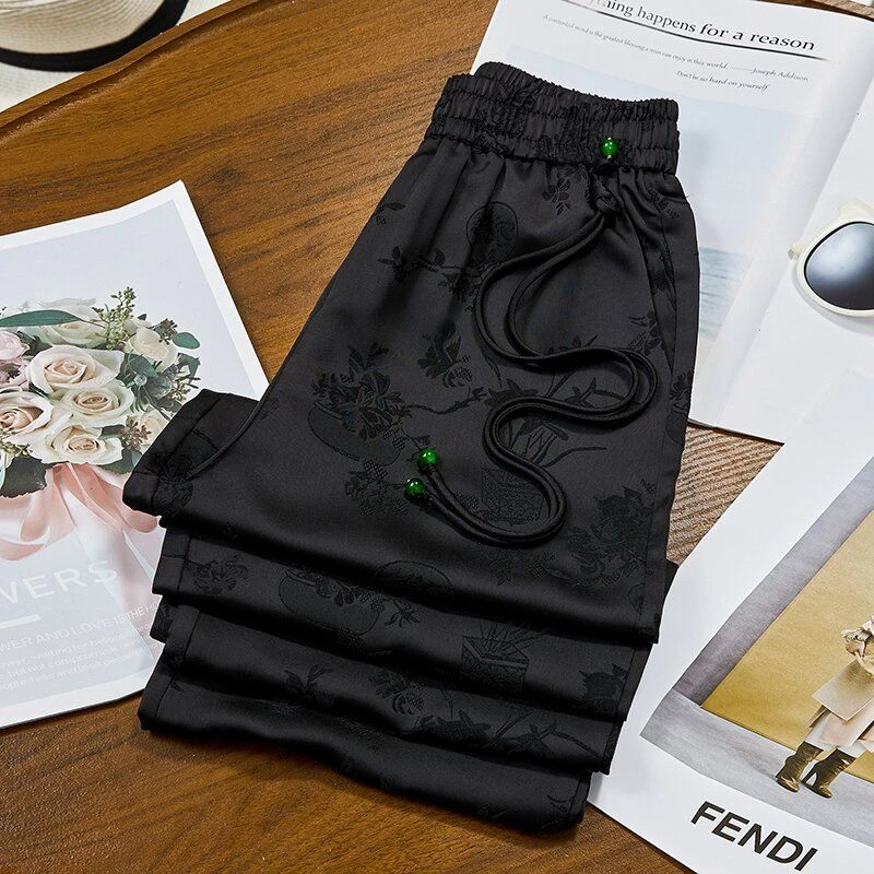 新中式提花黑色醋酸阔腿裤女秋冬加绒国风高奢高腰垂感直筒休闲裤