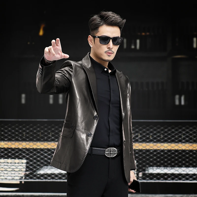 【山羊皮+桑蚕丝内胆】海宁真皮皮衣男士光感亮皮黑色西装皮夹克