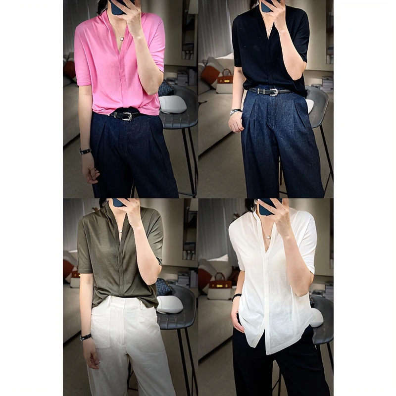 极细美丽诺绵羊毛百搭时尚薄款短袖纯色显瘦针织开衫C24235