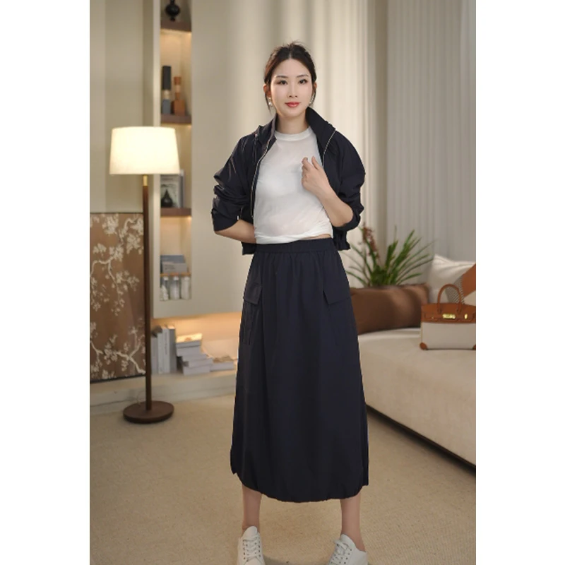 春夏新款松紧腰有口袋气质薄款中长款休闲女装半身裙C24197