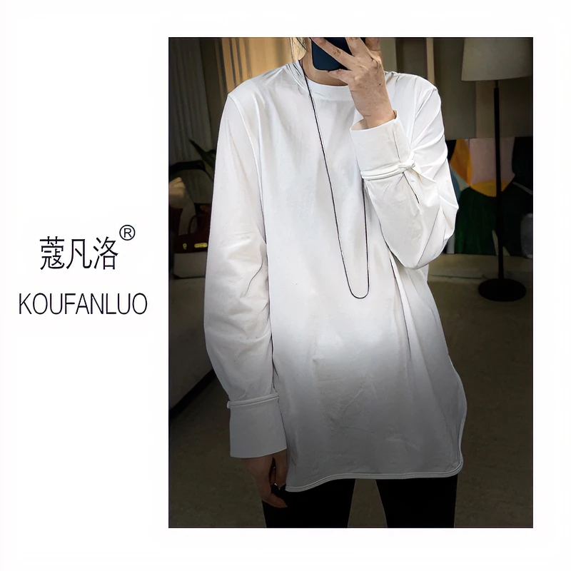 百搭长袖不规则下摆时尚打底衫休闲减龄厚款圆领T恤C23826