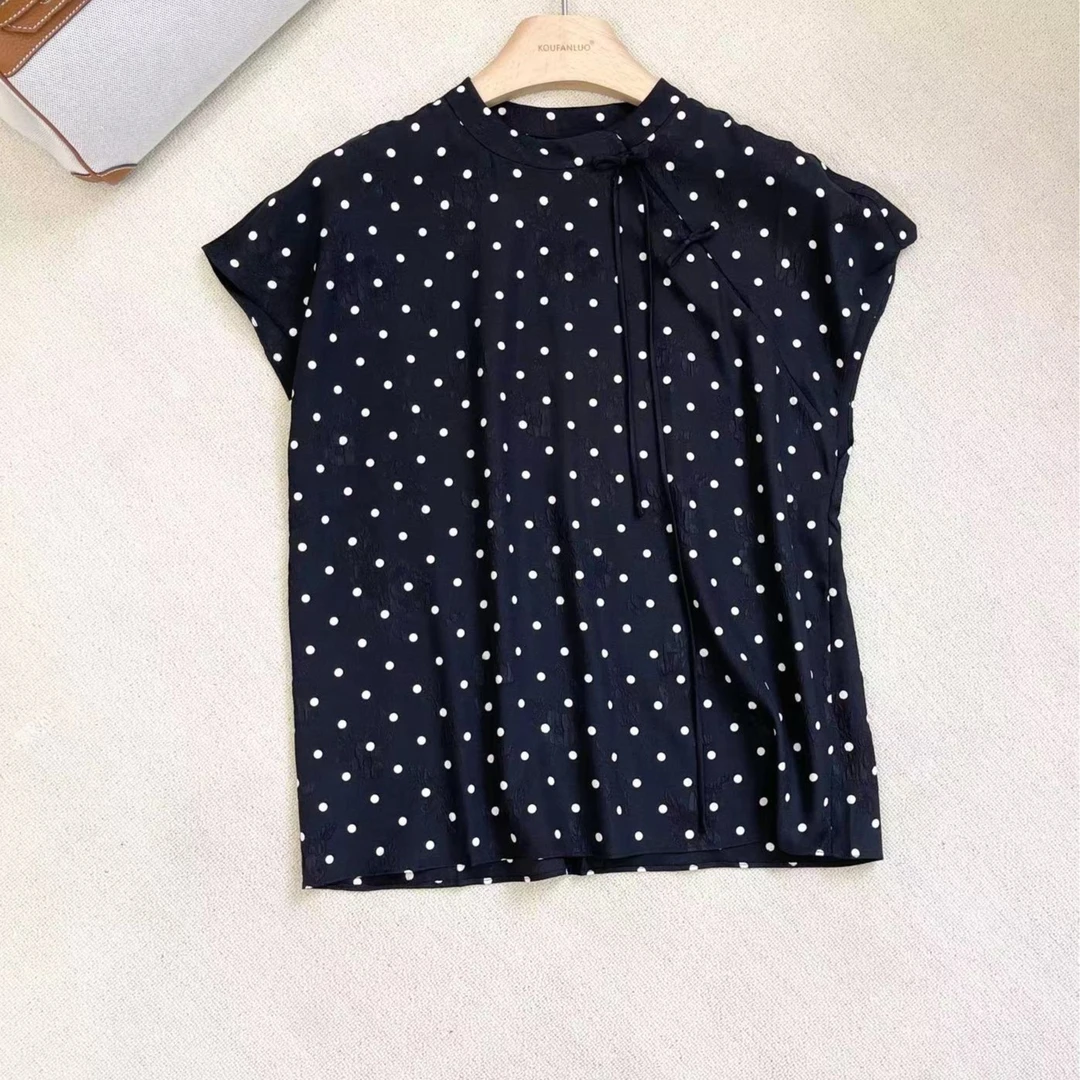 【简约气质】夏季休闲显瘦中式蝴蝶结真丝短袖衬衫上衣C23215