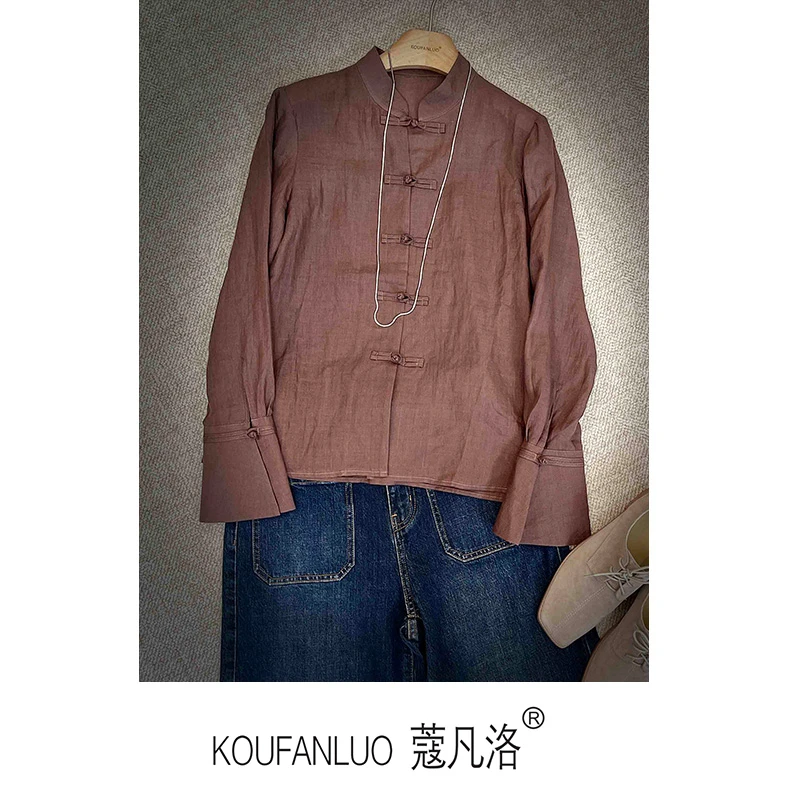 春夏新中式长袖衬衣复古盘扣喇叭袖苎麻国风立领衬衫C24304
