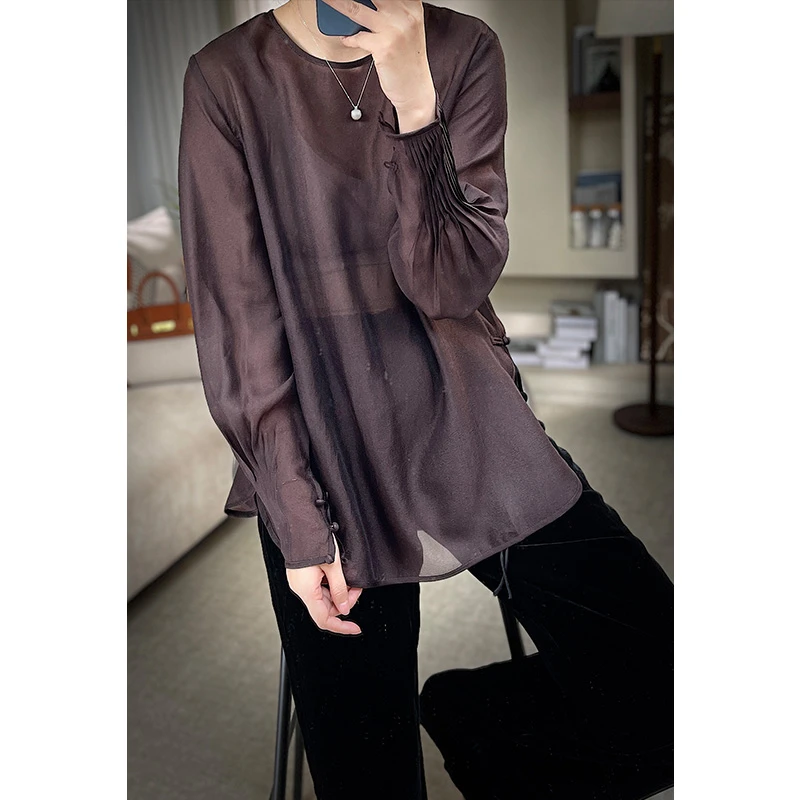 设计感时尚百搭打底衫简约气质长袖纯色显瘦圆领衬衫C24208