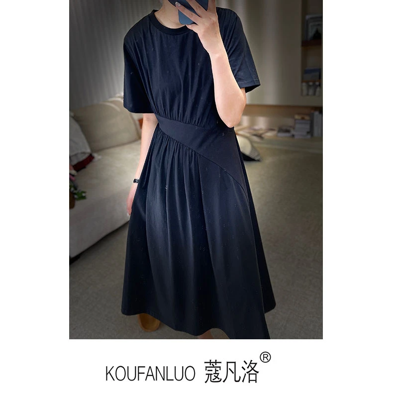 法式小众设计款裙子黑色复古气质宽松显瘦T恤连衣裙C24288