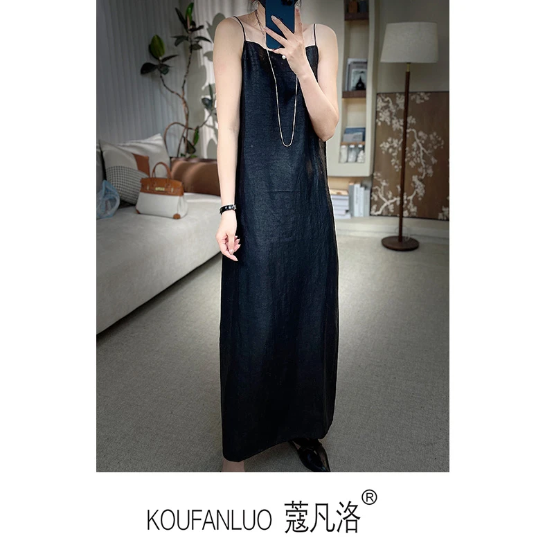 春夏轻奢百搭后开叉可调节口袋香云纱吊带宽松连衣裙C24303