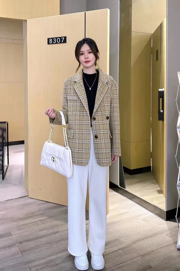 洋气韩范格子羊毛大衣