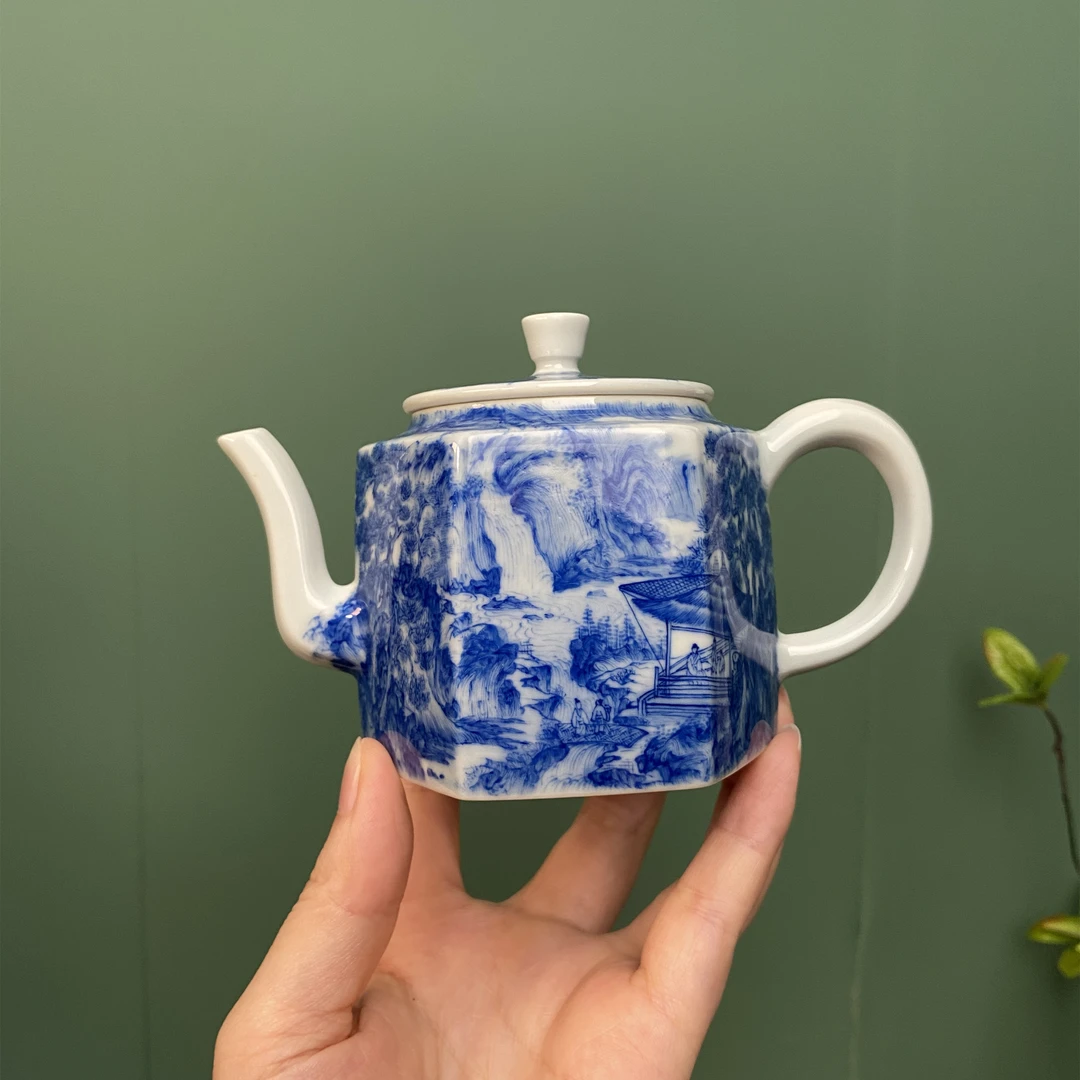 【九茗珍藏】欧阳娇老师云壑观泉图六方壶  手工手绘  景德镇茶具