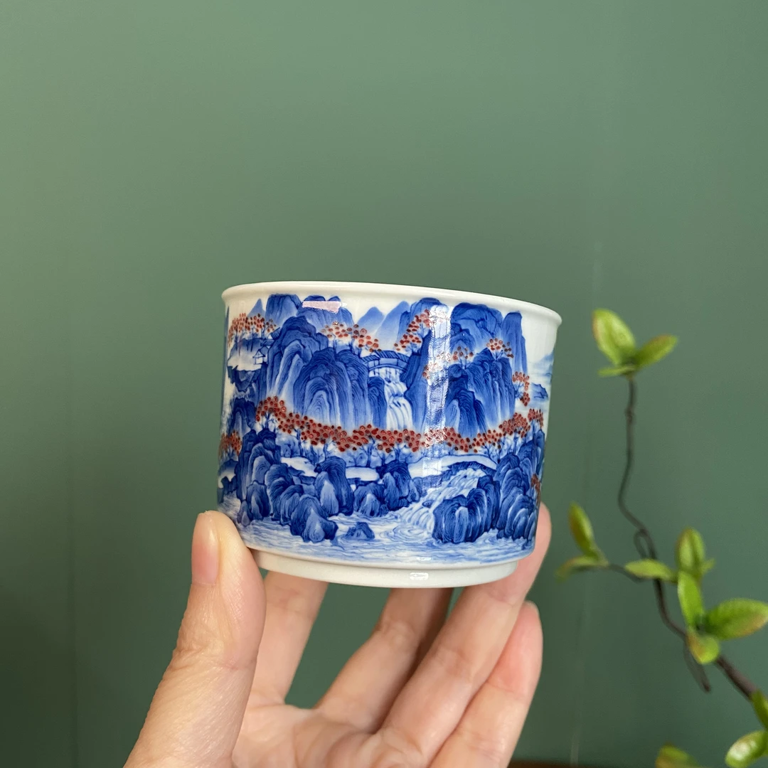 【望月御品】重工山水釉里红千里江山图  手工手绘  景德镇茶具