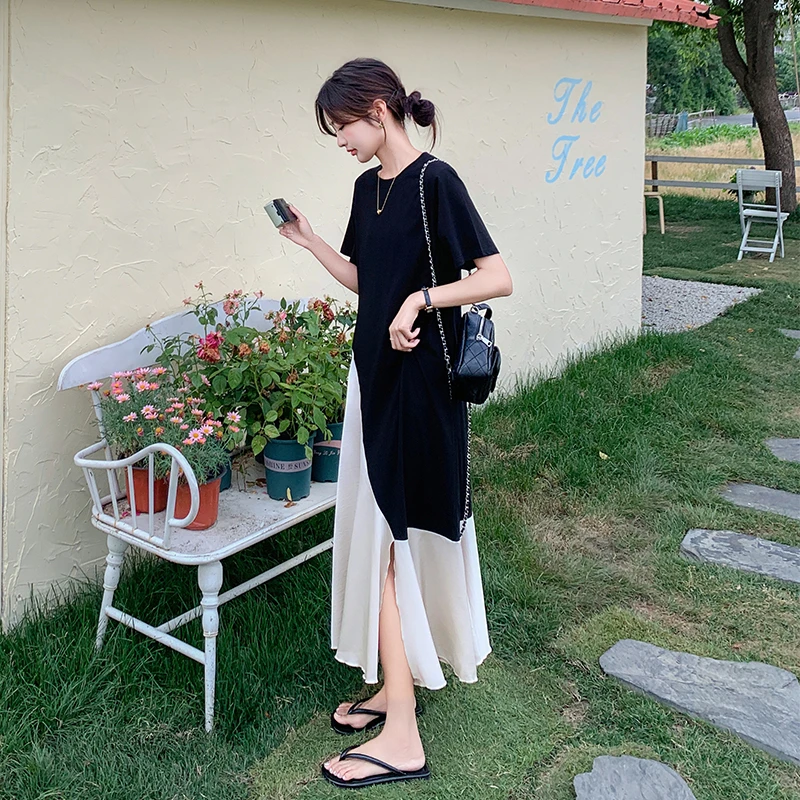 秋冬黑色T恤气质法式女2025夏新款开叉感慵懒松弛小众显瘦长裙