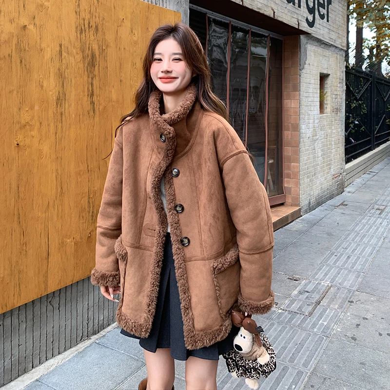 双面穿皮毛一体立领外套女秋冬季新款毛毛加绒加厚保暖高级感大衣