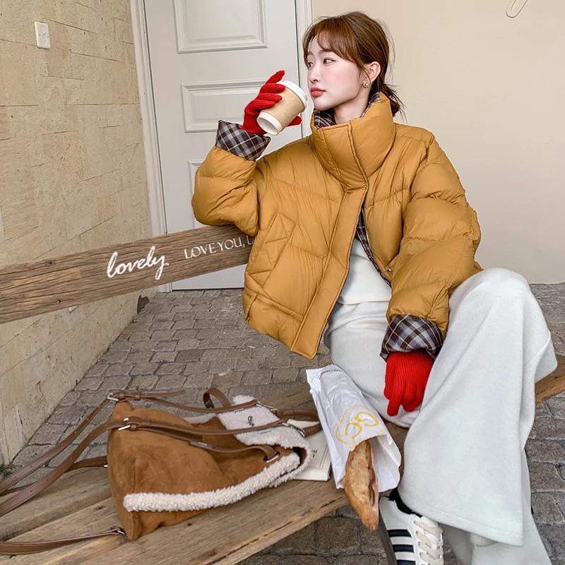 格子拼接姜黄色羽绒服女冬季2025新款短款韩系短款小个子面包服
