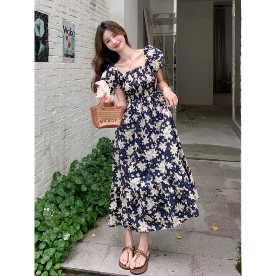 法式小众长款复古连衣裙女夏季2025新款小个子收腰气质减龄裙子