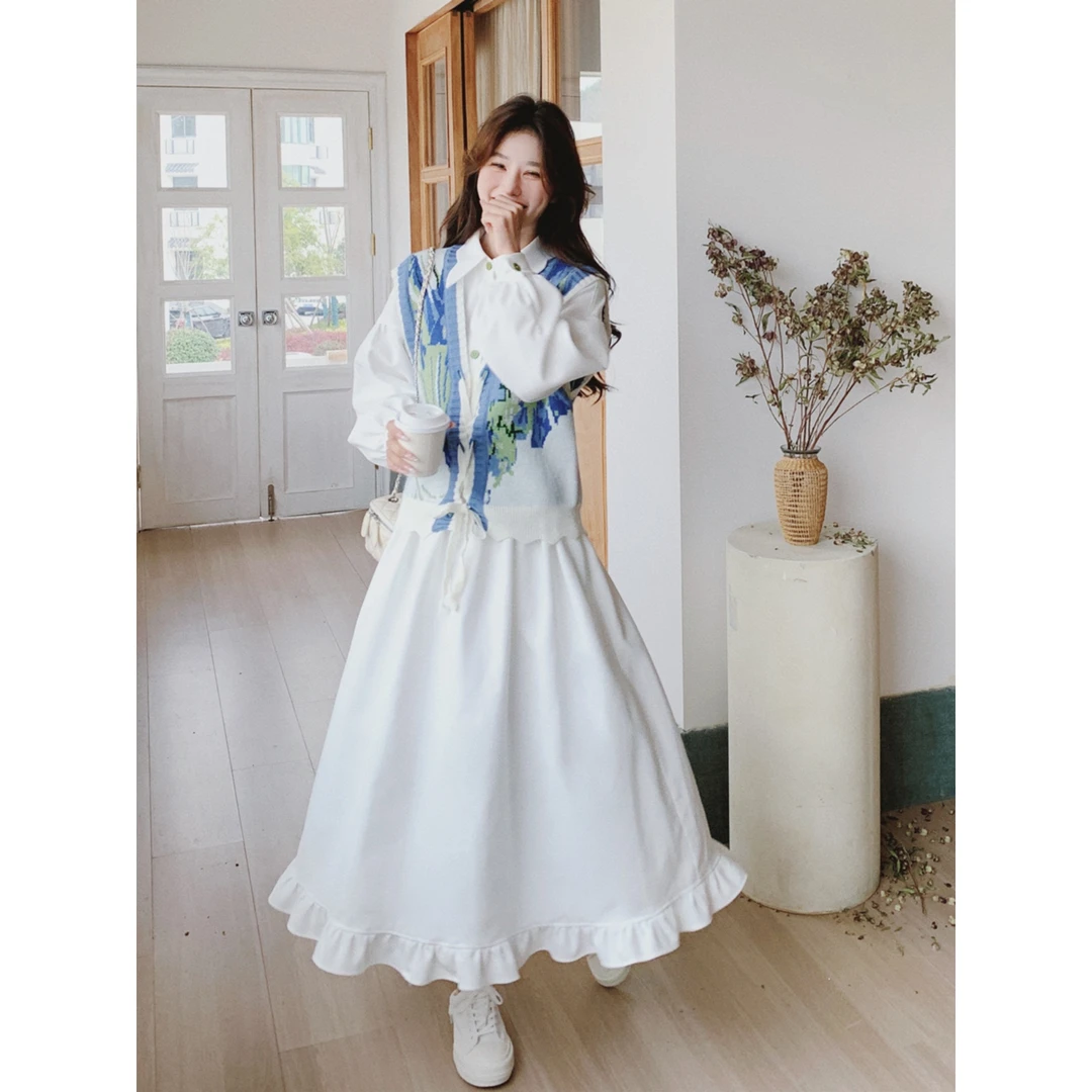 气质连衣裙套装春秋女2025新款韩版青春减龄小个子针织马甲两件套