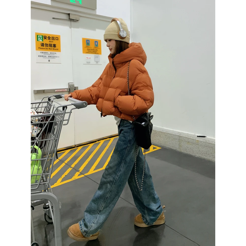 加厚连帽情侣橘色短款羽绒服女款2025冬季新款小个子感超白鸭绒