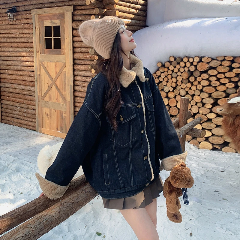 复古宽松工装羽绒服棉服百搭感拼接牛仔外套女冬季2024感派克服