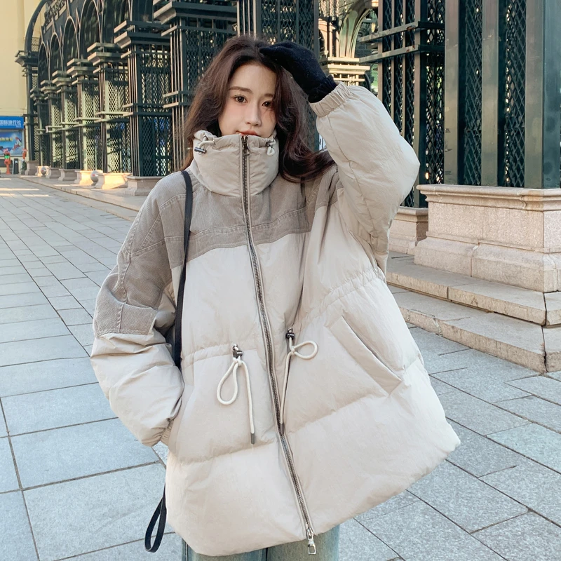 牛仔拼接羽绒服女冬季2024年新款韩系宽松小个子加厚白鸭绒外套