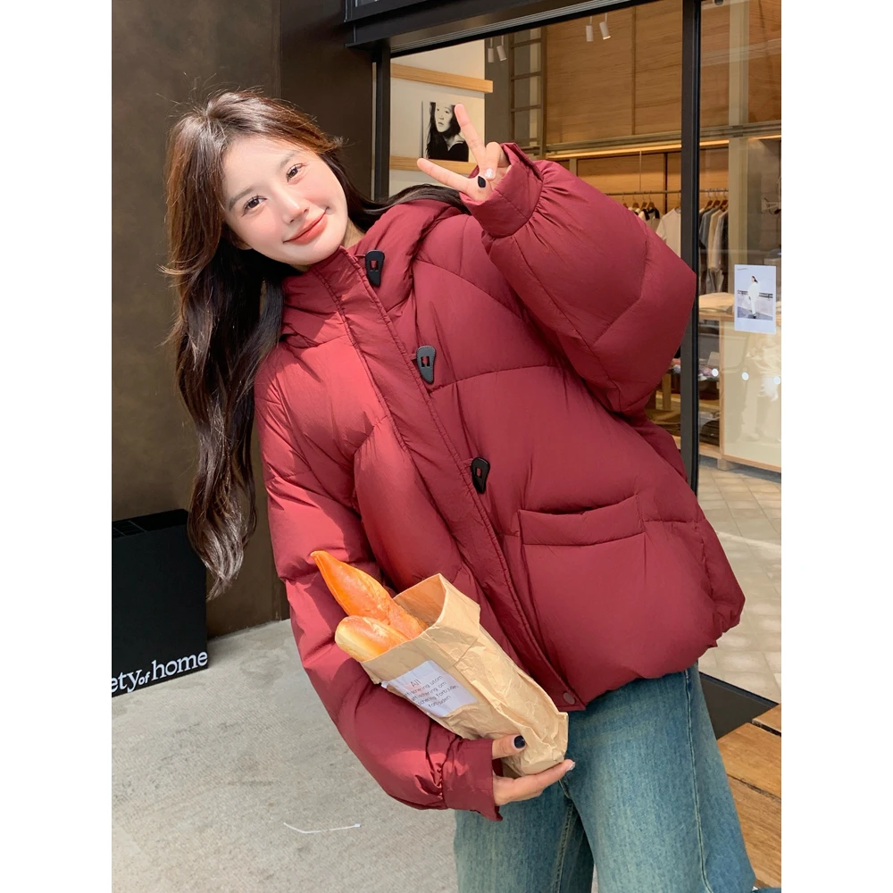红色秋冬牛角扣学生羽绒棉服女冬季防风连帽宽松保暖加厚棉衣棉袄