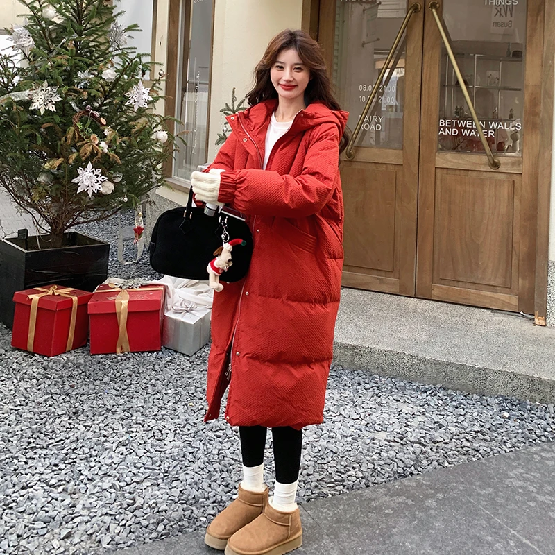 新年大码长款羽绒服2025新款冬季时尚过膝洋气白鸭绒面包服外套